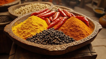 Colorful spice powders and whole peppers in wooden bowls