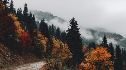 Autumnal mountain landscape with a winding road.