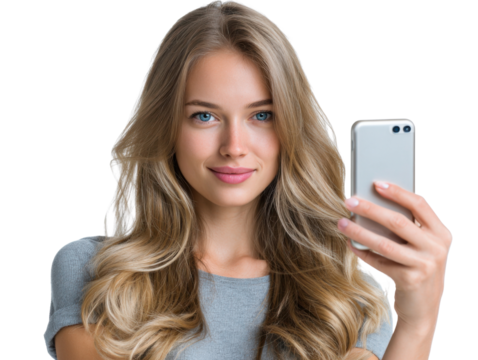 Captivating Selfie Portrait: A beautiful young woman with flowing blonde hair and piercing blue eyes smiles at the camera, holding a sleek smartphone.