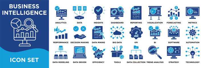 BUSINESS INTELLIGENCE icon collection set. Containing analytics,data,insights,dashboard,reporting,visualization,forecasting,metrics,performance,decision making icon. dual tone vector.	