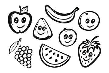 Playful Fruit Delight: A delightful collection of hand-drawn fruits, each radiating charm and joy, forming a playful arrangement for a delightful visual treat.