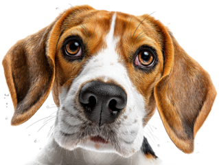 Beagle's Tender Gaze: A close-up portrait of a beagle puppy. its expressive brown eyes, floppy ears, and endearing face perfectly encapsulating the essence of dog's purest love and affection.