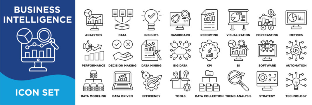 BUSINESS INTELLIGENCE icon collection set. Containing analytics,data,insights,dashboard,reporting,visualization,forecasting,metrics,performance,decision making icon. Simple line vector.	