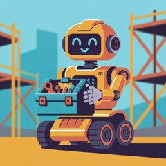 Naklejka premium Friendly yellow robot carrying a toolbox isolated on transparent background