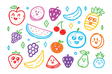 Colorful Fruit Doodle: A whimsical assortment of smiling fruits arranged playfully, ideal for designs seeking joyful themes. This cheerful doodle showcases diverse, colorful fruits.