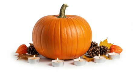 Festive Halloween pumpkin with candles and decorative leaves on white background
