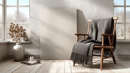 Cozy interior with chair, blanket, and blank canvas