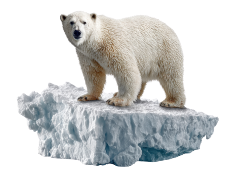 Polar Bear on Ice: A majestic polar bear stands proudly on a glistening iceberg, showcasing its pristine white fur against the backdrop of its natural arctic habitat.