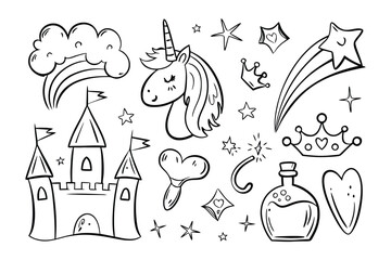 Whimsical Elements: A delightful illustration featuring a castle, a unicorn, stars, a crown, and a potion, perfect for children's design.