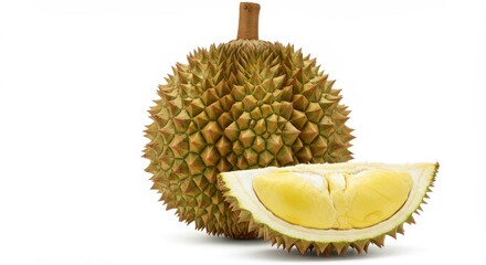 Whole durian fruit with spiky skin and sliced piece revealing yellow flesh on white background