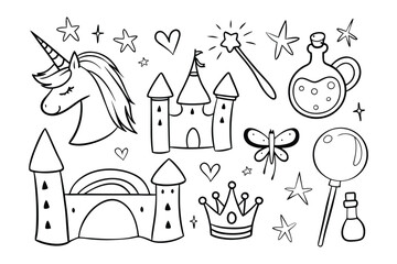 Enchanted Fantasy Collection: A captivating illustration featuring a magical unicorn, grand castles, whimsical stars, and a sparkling magic wand, all intricately designed for a touch of enchantment. 