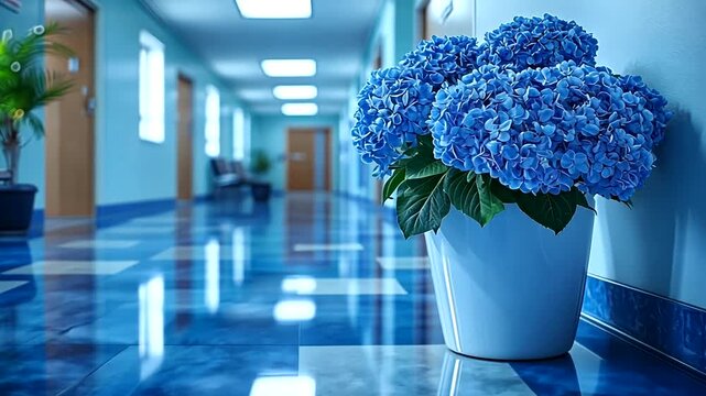 Serene hospital hallway with a vibrant blue hydrangea arrangement in white vase