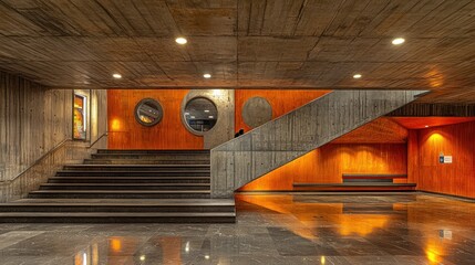 Concrete staircase, orange accent walls