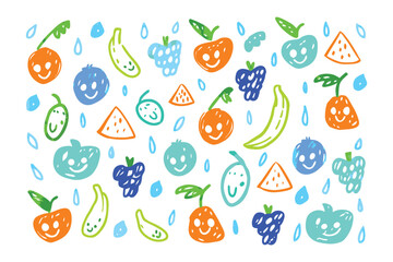 Fruitful Delights: A charming illustration showcases an assortment of playful, smiling fruits, creating a whimsical and joyful display.