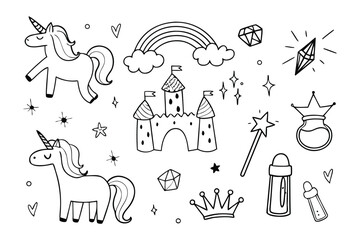 Whimsical Wonderland Illustration: A hand-drawn illustration transports viewers to a magical realm, with charming unicorns, a castle, a rainbow, and other delightful elements.