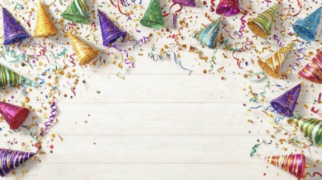 Colorful party hats and confetti on a white wooden background.