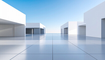 Fototapeta premium Modern Architectural Minimalism: An expansive view of sleek, white architectural structures is bathed in the tranquil glow of natural light against a vibrant blue sky.