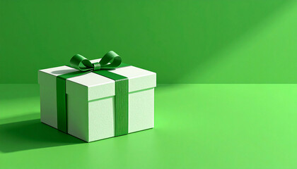 Gift Box with Ribbon and green background: a simple gift box, adorned with a neat ribbon and set against a vibrant green backdrop, creates a visually appealing display.