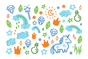 Whimsical Unicorn Illustration: A whimsical, hand-drawn illustration features a charming unicorn alongside magical elements. Spark joy with this dreamy composition filled with colors, stars.