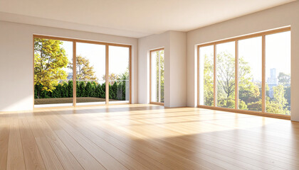 Empty Room with Large Windows: A modern and airy interior space, bathed in natural light streaming through expansive windows.