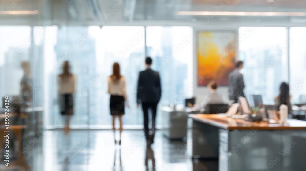 Poster professionals work in a contemporary office with large windows overlooking a city skyline. some indi