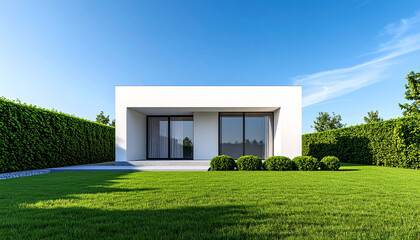 Modern Home with Lush Greenery: A pristine modern home, meticulously crafted with clean lines, exudes a sense of elegance and serenity.