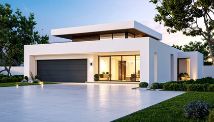 Modern Architectural Marvel: A stunning modern house, showcasing clean lines, expansive glass windows, and a sleek design, nestled in a serene environment.
