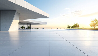 Modern Architecture Vista: A contemporary building with minimalist design, featuring clean lines, expansive glass windows, and a spacious, immaculate terrace.