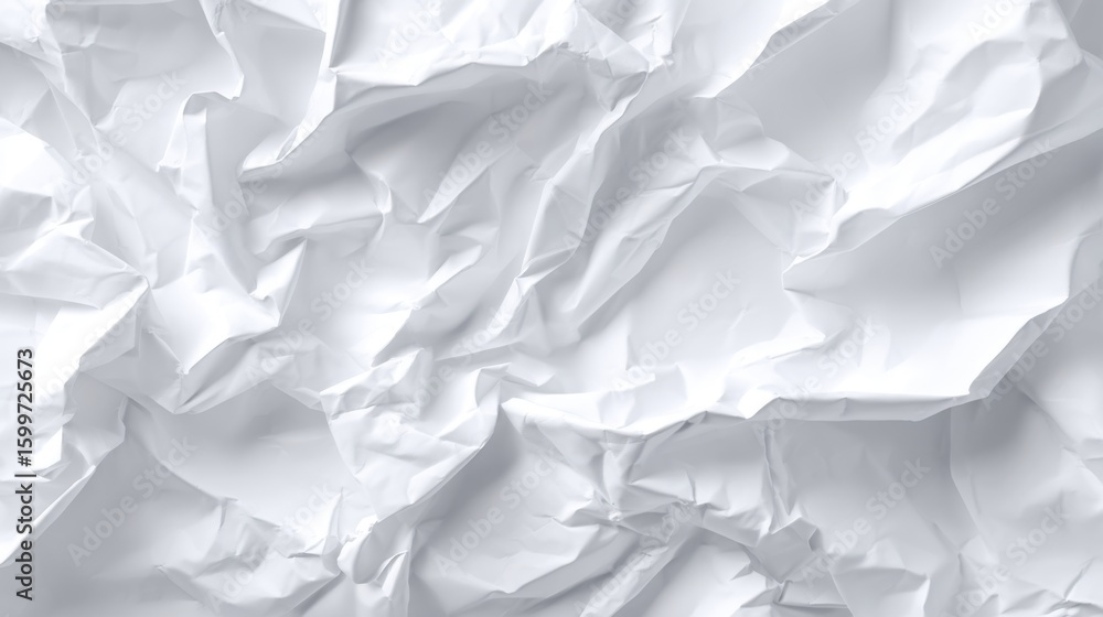 Poster crumpled white paper displays intricate textures and folds, providing a dynamic visual for artistic 