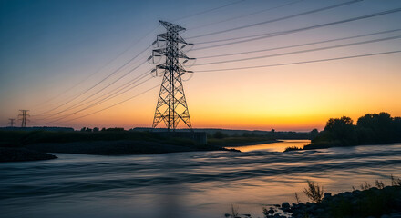 The Electrical Transmission Line High-Voltage tower crossing the river in the countryside on sunset sky background.