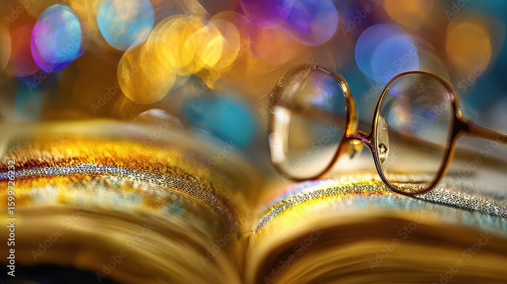 Poster eyeglasses resting on an open book with bokeh background.