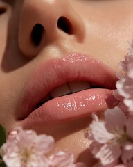 Obraz premium Glossy lips enhanced by morning glow Close-up of lips surrounded by soft pink flowers, symbolizing beauty and freshness.