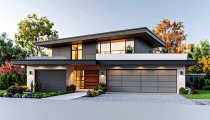 Modern Architectural Marvel: A captivating two-story house showcases modern design, with sleek lines, expansive windows, and a harmonious blend of materials, nestled amidst lush landscaping.