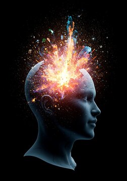 Conceptual illustration of a human head exploding with vibrant energy and light, representing ideas.
