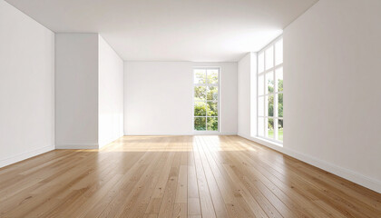 Serene Empty Room with Sunlight: A spacious room is bathed in sunlight from large windows, showcasing a bright and airy interior with wooden floors and a minimalist design.