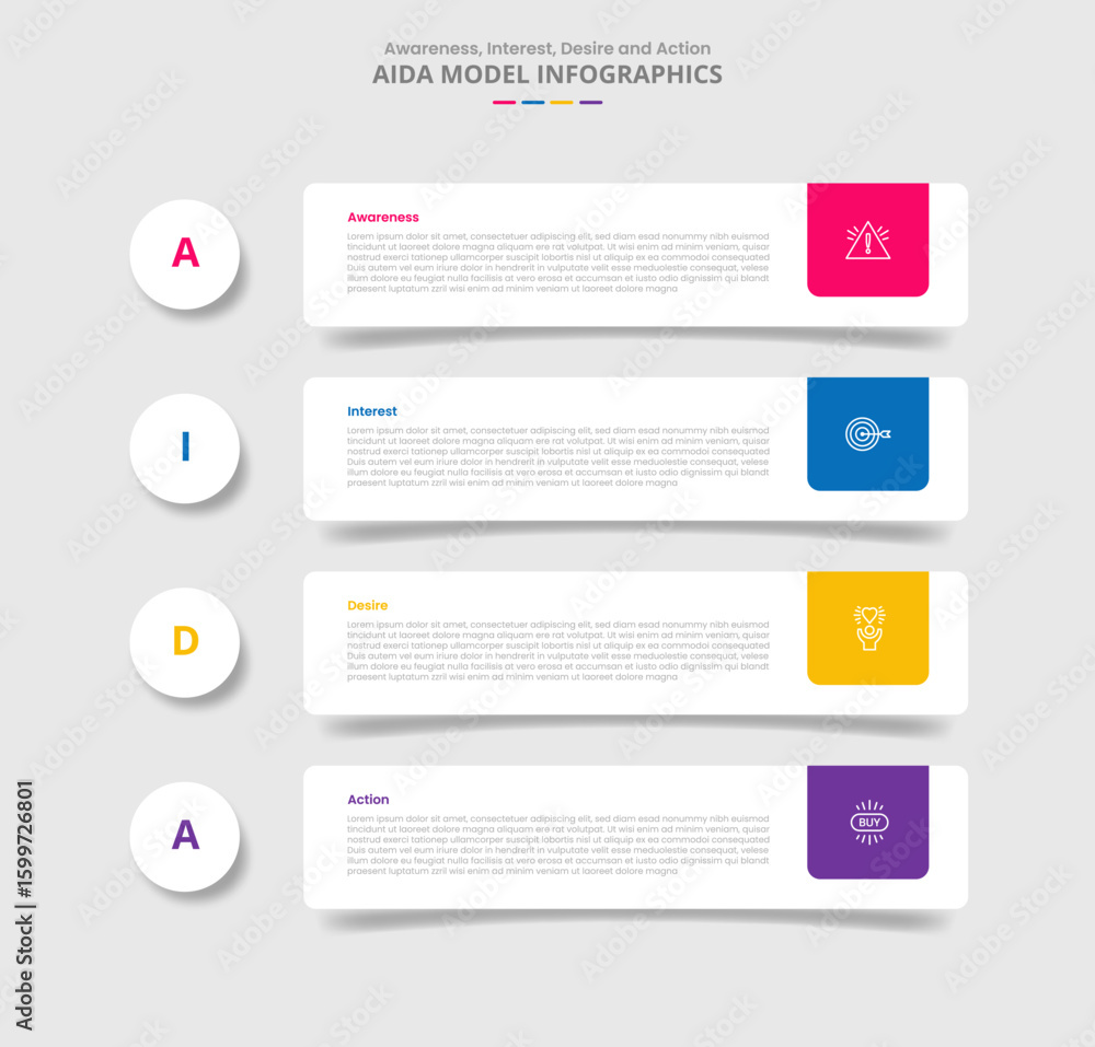 Poster aida marketing model for infographic with drop shadow style with round rectangle with circle badge o