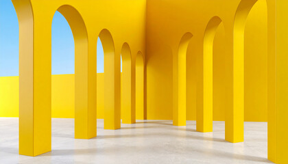 Geometric Abundance: An architectural marvel showcases repeating arches and columns, bathed in warm yellow hues, against a backdrop of clear blue sky, blending artistry and design.