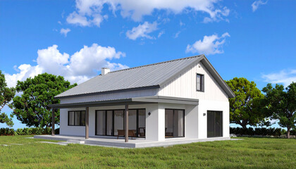 Obraz premium Dream Home's Serenity: A modern, elegant house with a grey roof and stylish design, harmoniously blends with a vibrant blue sky, green trees, and a well-manicured lawn.
