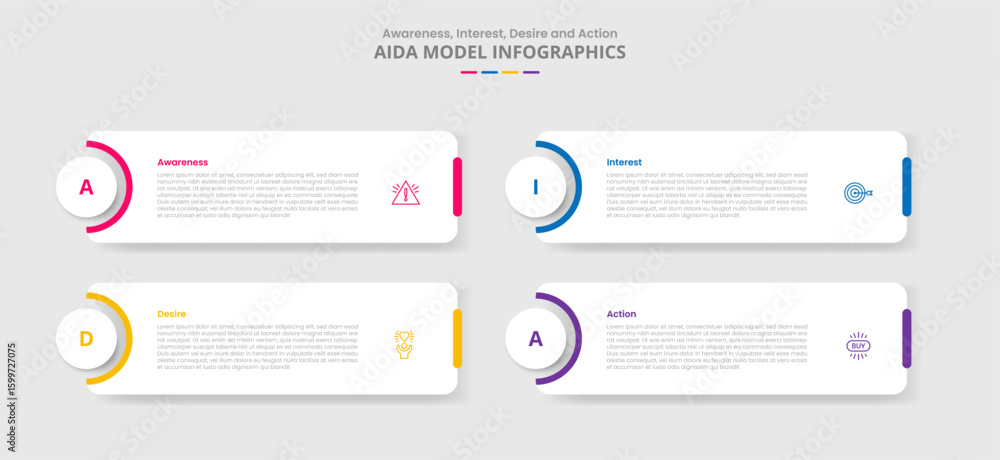 Poster aida marketing model for infographic with drop shadow style with round box and circle badge on left 