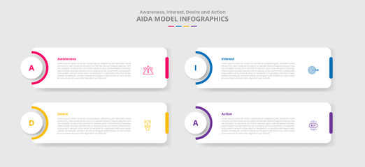 AIDA marketing model for infographic with drop shadow style with round box and circle badge on left cutting shape with 4 point list information