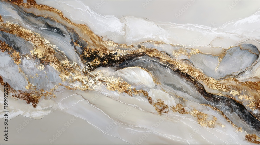 Poster the artwork features swirling patterns in shades of gray and cream accented by shimmering gold. its 