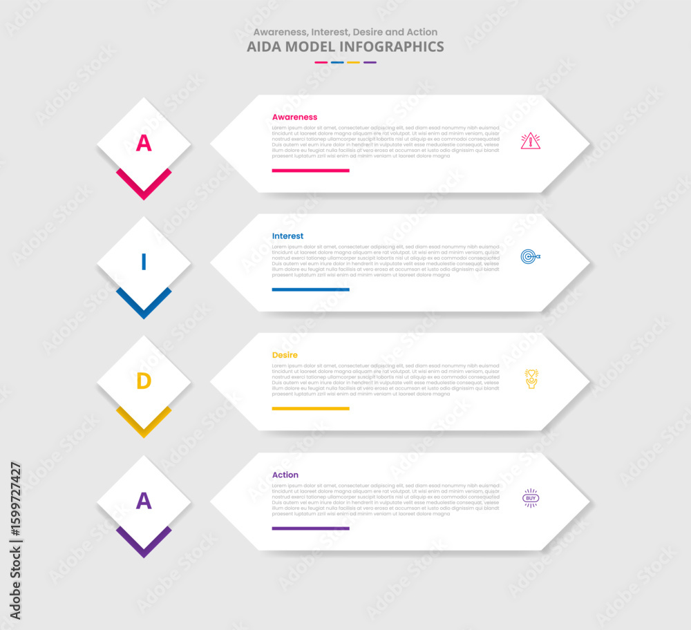 Poster aida marketing model for infographic with drop shadow style with diamond badge and long arrow rectan