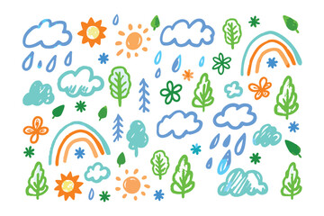 Joyful Weather Doodle: A vibrant, childlike doodle illustration featuring a whimsical array of weather elements, capturing the essence of cheerful outdoor scenes.