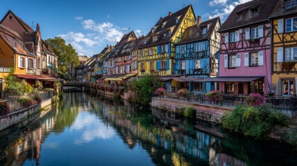 Naklejka premium Colorful houses reflect in the serene canal of Colmar during a sunny afternoon in fall
