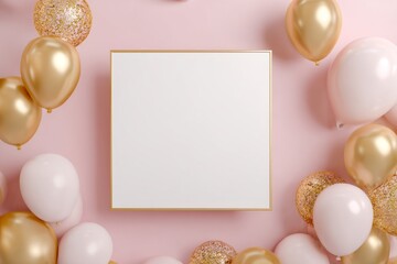 a pink background with a white rectangle in the center, surrounded by metallic balloons and confetti art