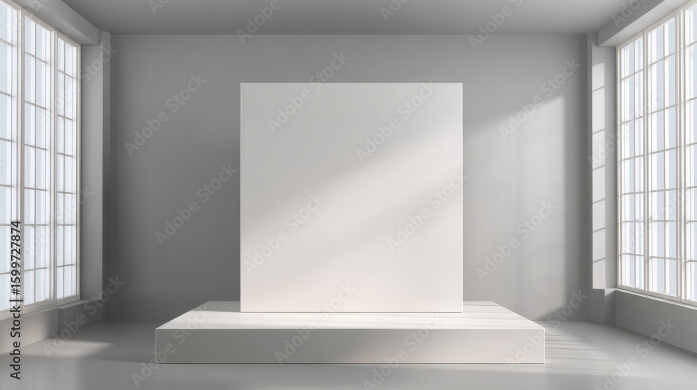 Aufkleber a large white canvas stands on a platform in a spacious room, illuminated by sunlight streaming thro