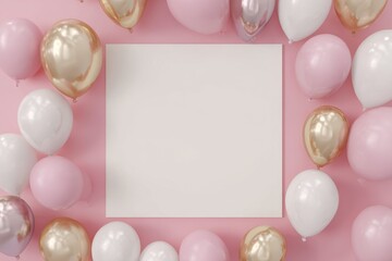 a pink background with a white rectangle in the center, surrounded by metallic balloons and confetti art