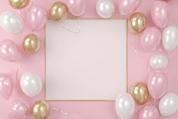 a pink background with a white rectangle in the center, surrounded by metallic balloons and confetti art