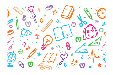 School Supplies Doodle: A vibrant and whimsical array of school supplies, meticulously illustrated in a colorful, doodle-style, perfect for educational content. 