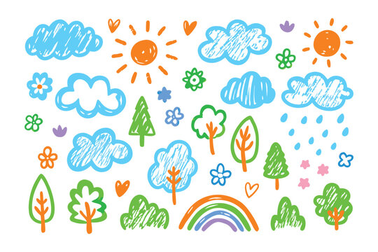 Hand-drawn Nature Elements: A collection of whimsical hand-drawn illustrations depicting sunny days, blooming flowers, verdant trees, fluffy clouds, and a vibrant rainbow.